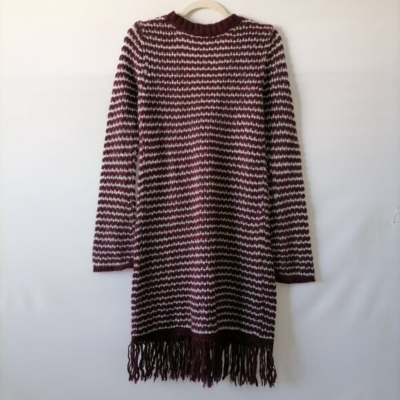 Decree Womens Maroon Red Long Sleeve Fringe Hem Striped Cardigan Sweater Size L - Picture 4 of 6